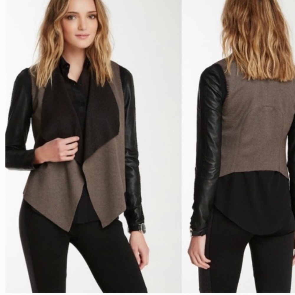 Stella & Jamie Rio crop jacket taupe black leather sleeves moto crotchet Small
